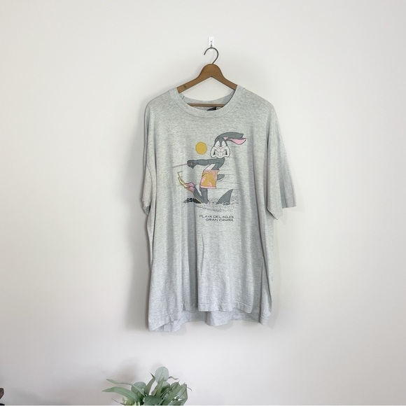 Vintage Gray Water Skiiing Rabbit Graphic Short Sleeve Single Stitch T-shirt - Picture 1 of 8